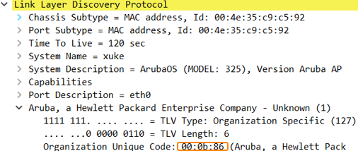 LLDP OUI example of Aruba APs